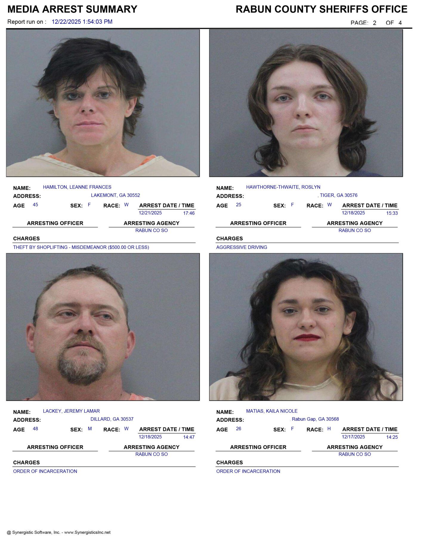 Matthew Rabun Rabun County Sheriff’s Office Arrest Report 12/14 – 12/21/2025 - RabunRabun