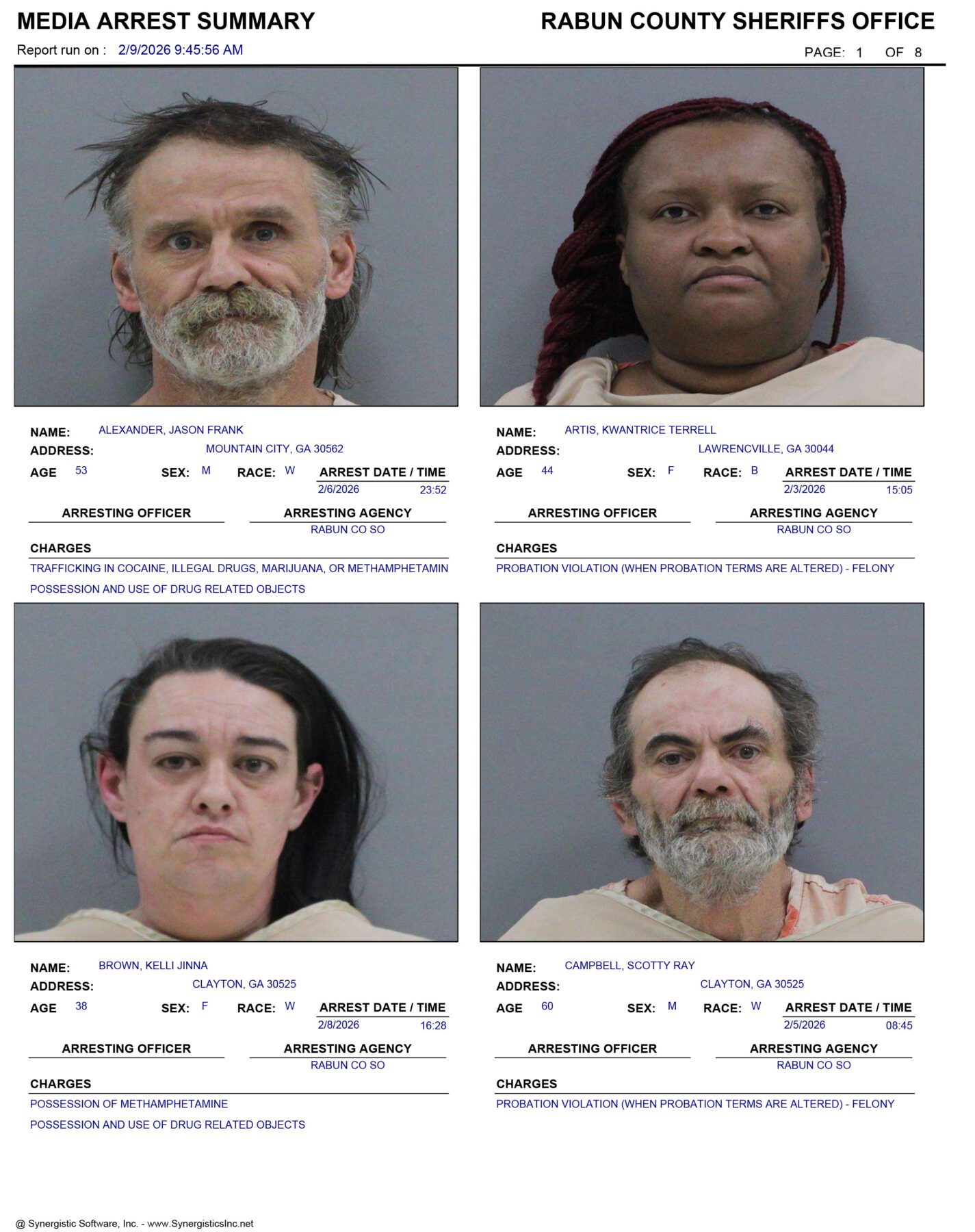 Rabun County Sheriff’s Office Arrest Report 2/1 – 2/8/2026 - RabunRabun