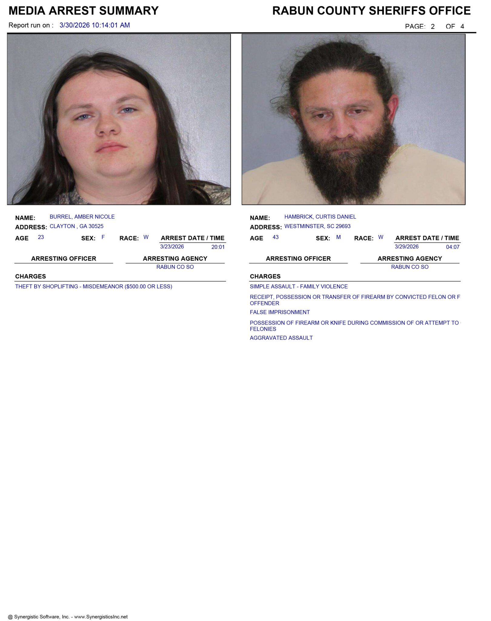 Matthew Rabun Rabun County Sheriff’s Office Arrest Report 3/22 – 3/29/2026 - RabunRabun