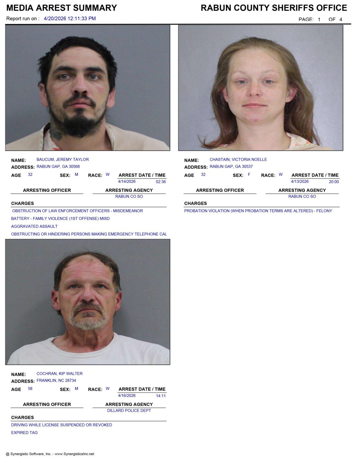 Matthew Rabun Rabun County Sheriff’s Office Arrest Report 4/12 – 4/19/2026 - RabunRabun